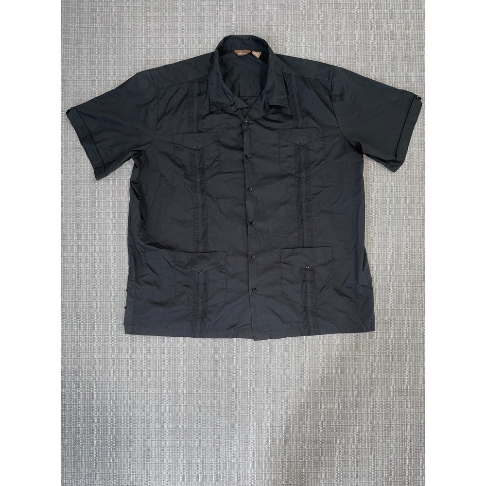 Cafe Luna Guayabera Shirt Mens 2XL Black Cotton Stretch Camp Collar Button Up